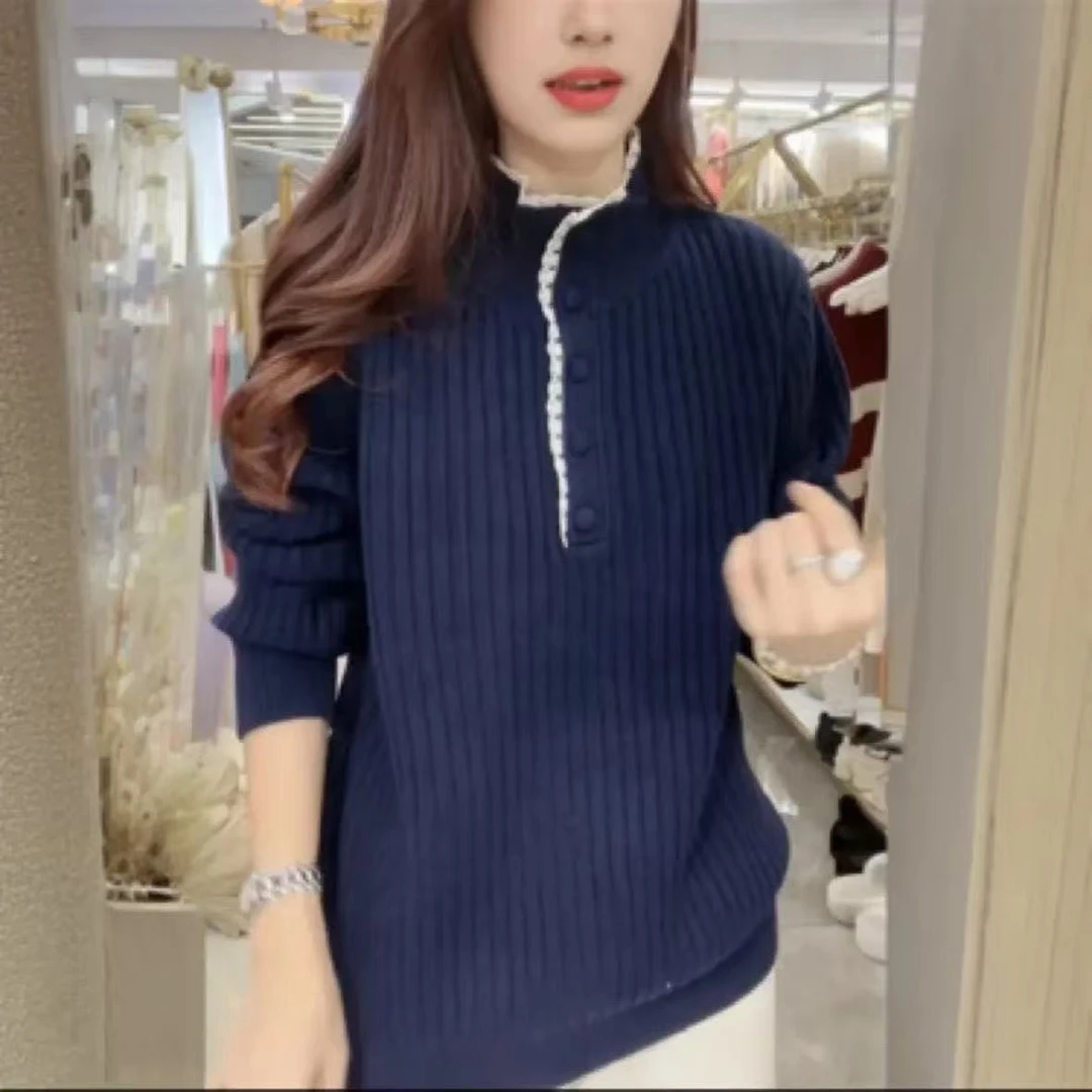 长袖套头毛衣半开领针织衫上衣