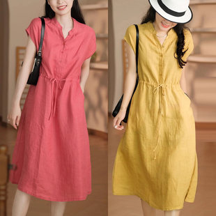 高档女装品牌正品大码2026春夏新款连衣裙立领短袖棉麻A字裙子