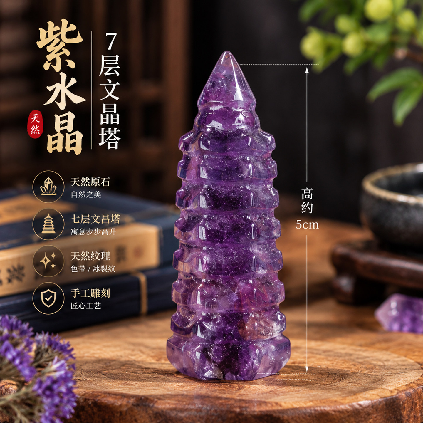 纯天然紫水晶七层文昌塔摆件
