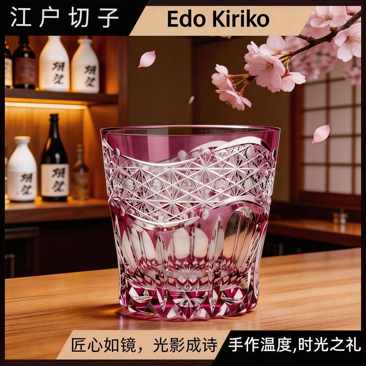 江户切子威士忌酒杯日式雕刻轻奢家用威士忌酒杯高颜值水晶玻璃杯