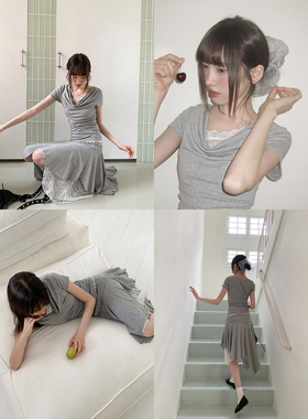 你好卡农 灰色蕾丝荡领上衣半身裙套装女修身t恤不规则裙子两件套