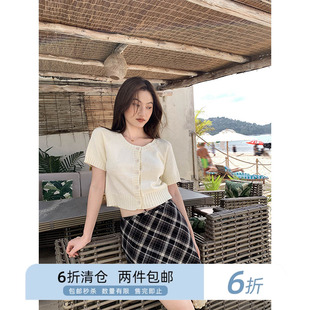 你好卡农 罗纹圆领插肩袖针织开衫女春夏新款短袖小个子短款上衣