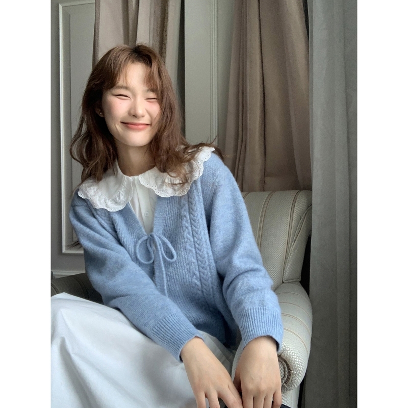 你好卡农v领蝴蝶结绑带麻花开衫