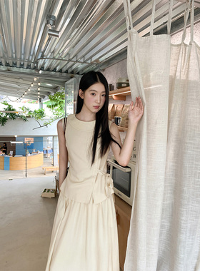 你好卡农 简约设计感圆领背心半身裙两件套女夏绑带小衫时尚套装