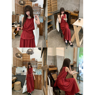 你好卡农 红色绑带背心半身裙套装女夏季高级感上衣a字长裙两件套