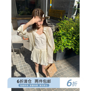 你好卡农 后背开叉衬衫休闲短裤套装女夏宽松衬衣阔腿裤子两件套