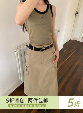 你好卡农 字母刺绣宽边撞色小背心女夏2025新款修身显瘦无袖上衣