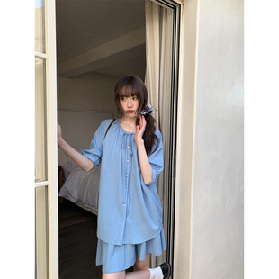 你好卡农 蓝色小衫裙裤套装女夏2025新款洋气减龄显瘦衬衫两件套