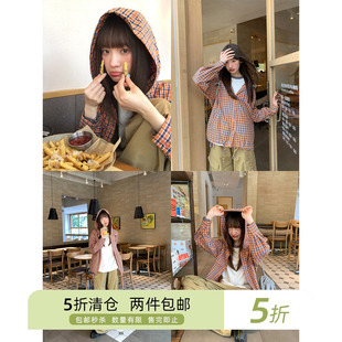 你好卡农 休闲风抽绳连帽格子衬衫外套女秋季气质显瘦小众上衣薄