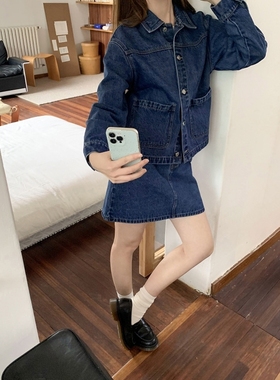 你好卡农 宽松牛仔外套a字半身裙套装女秋季深蓝色夹克短裙两件套