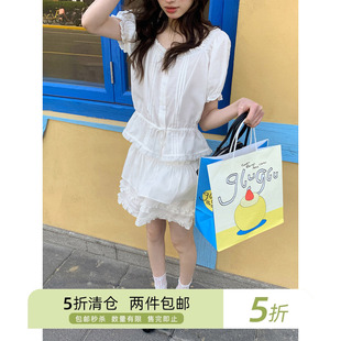 你好卡农 白色花边上衣半身裙套装女夏甜美小衫木耳边短裙两件套