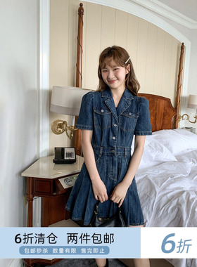 你好卡农 复古翻领长袖牛仔连衣裙女2024新款收腰显瘦短袖a字短裙
