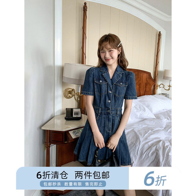 你好卡农翻领长袖短袖牛仔连衣裙