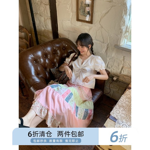 你好卡农 撞色花边V领抽褶绑带衬衫女夏季新款泡泡袖小众别致上衣