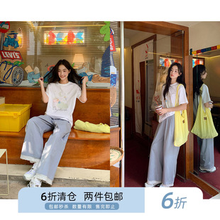 你好卡农 基础款立体打褶花边拼接休闲裤女夏季窄边高腰阔腿长裤