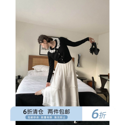 你好卡农蕾丝花边领肩部捏褶毛衣