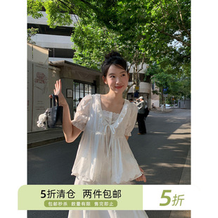 你好卡农 假两件拼接短袖衬衫女夏季2025新款刺绣小衫木耳边上衣