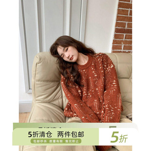 你好卡农 撞色小镂空提花圆领毛衣秋冬新款宽松显瘦套头针织上衣