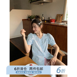 你好卡农 法式泡泡袖V领短袖衬衫女夏季2024年新款设计感别致上衣