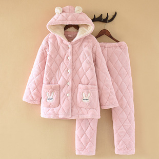 粉色连帽可爱睡衣女士冬款三层夹棉加厚冬季保暖珊瑚绒家居服套装