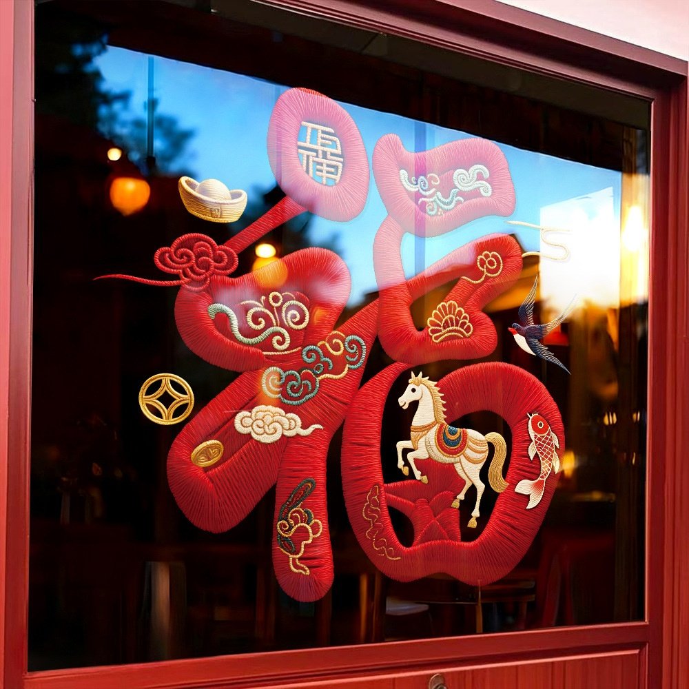 2026马年新年橱窗贴玻璃门贴纸布艺绣花福字过年静电装饰贴画窗花,家居饰品,软装墙贴,淘宝优惠券,粉丝福利购,淘宝优惠卷