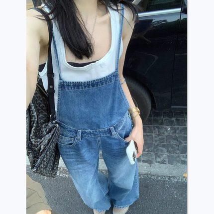 美式复古牛仔背带裤女夏季2025新款慵懒风显瘦直筒阔腿吊带长裤子