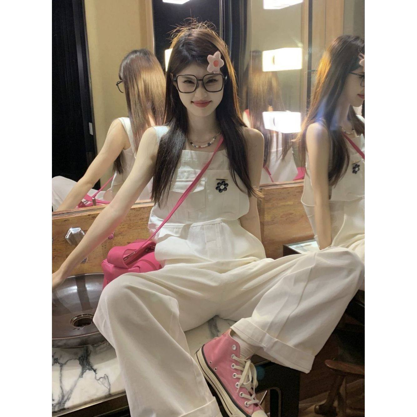 奶fufu白色牛仔背带裤女夏季牛仔裤