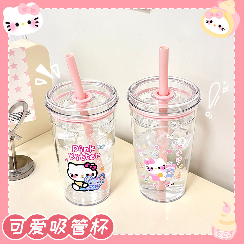 女生高颜值便携吸管PS材质透明水杯卡通小美果汁杯奶茶带盖杯子