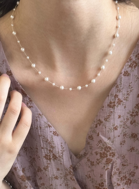 夏季满天星渐变正圆白色珍珠项链S925通体纯银简约百搭个性锁骨链