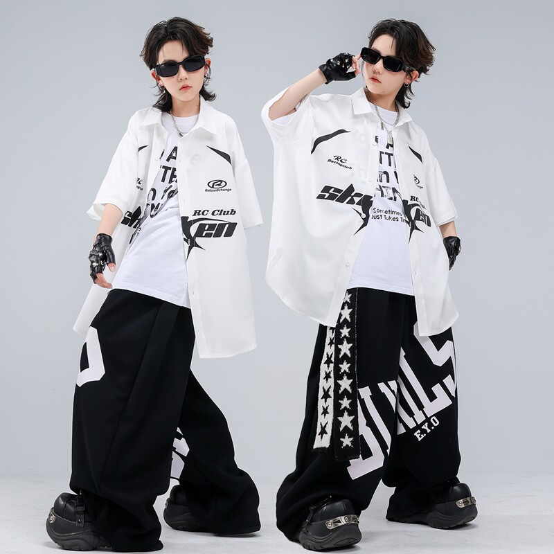 嘻哈街舞短袖白色衬衫宽松演出服