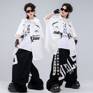 嘻哈街舞短袖白色衬衫宽松演出服