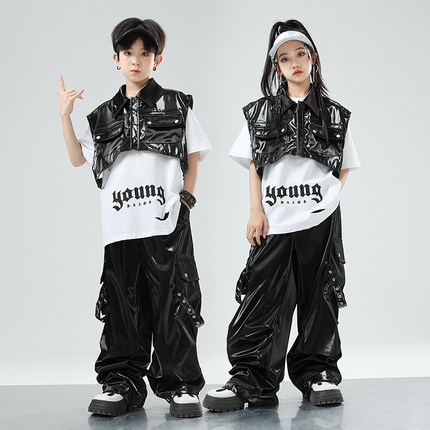 街舞儿童演出服男童嘻哈黑色皮裤朋克机车皮衣亮面马甲坎肩架子鼓