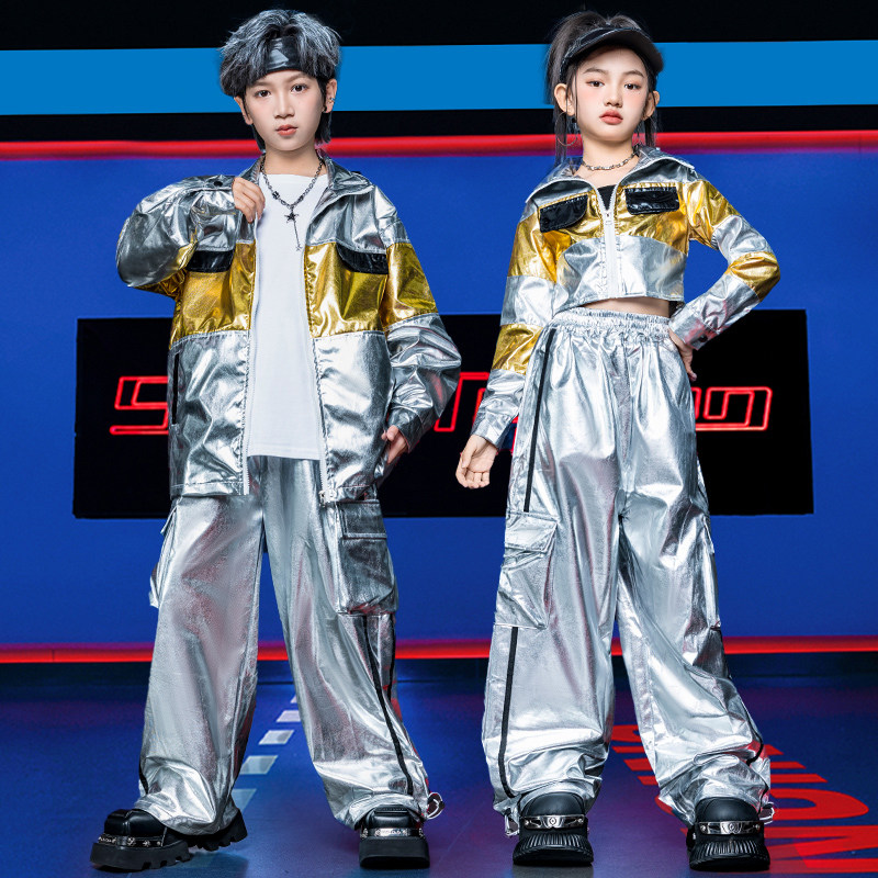 童街舞演出服爵士舞银色亮面外套
