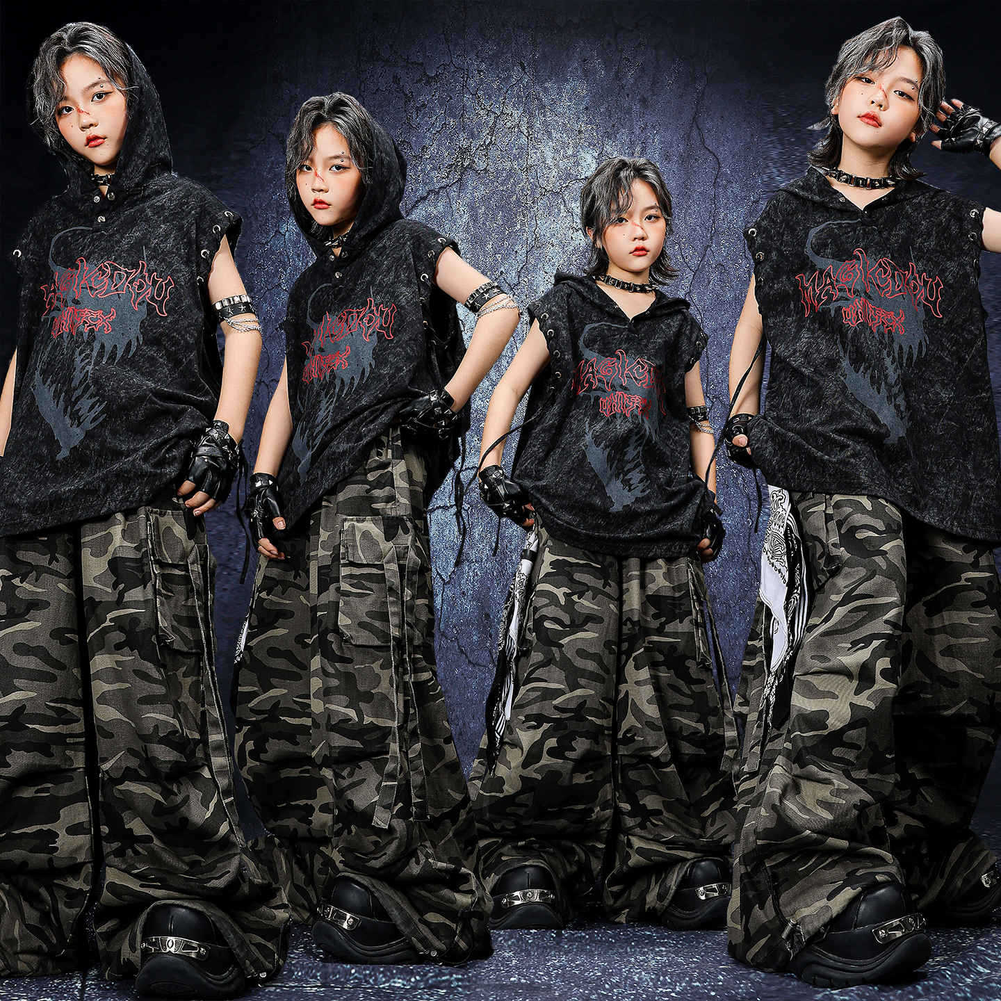 街舞儿童演出服套装朋克背心连帽