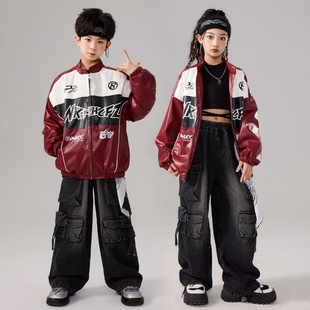 少儿街舞嘻哈男童hiphop机车皮衣外套夹克红色架子鼓元旦演出服酷