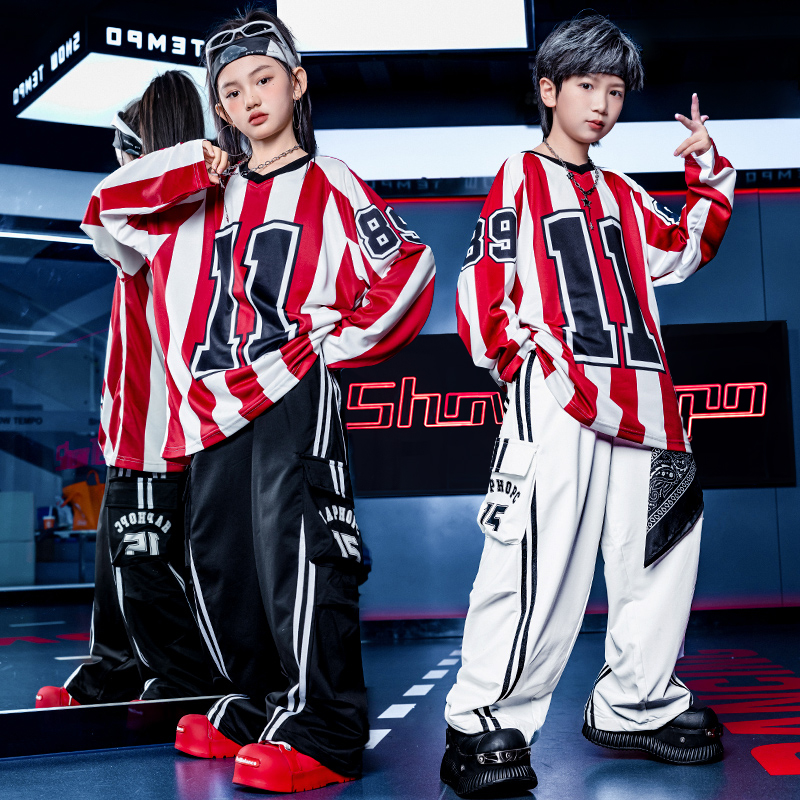 儿童街舞演出服男女童套装红条纹