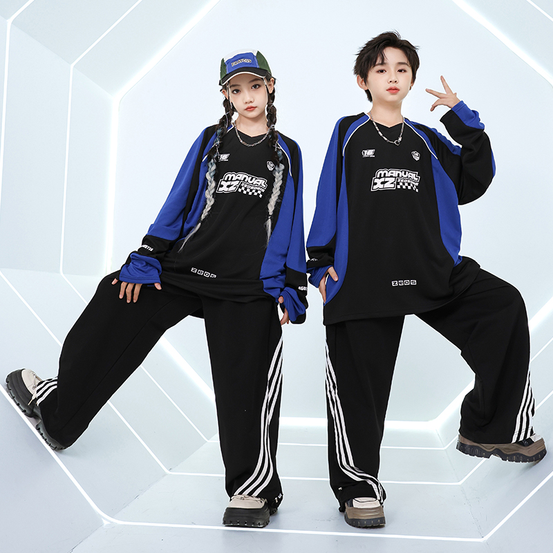 男女童嘻哈街舞拼色插肩袖长袖酷