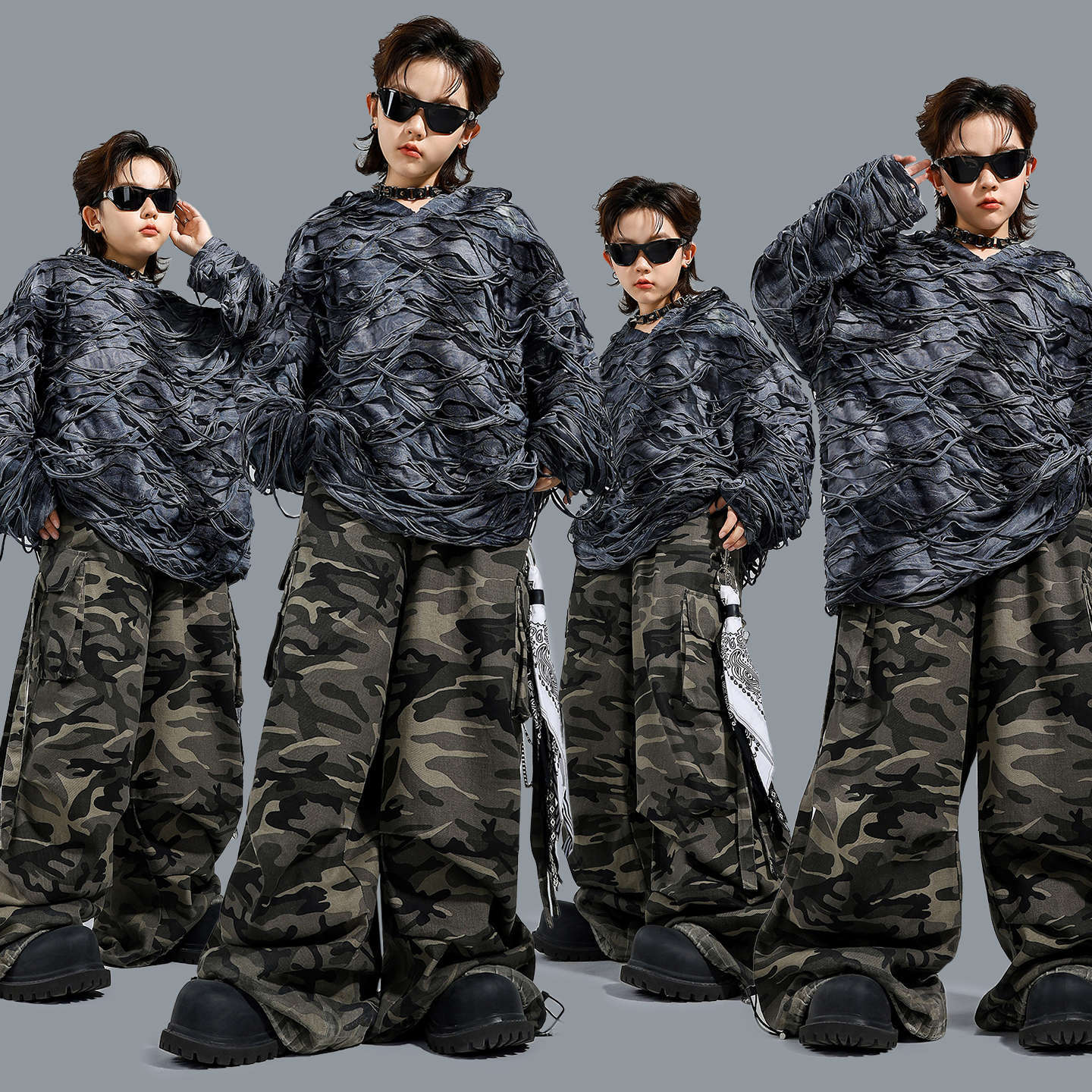 街舞少儿嘻哈hiphop潮牌痞帅男童破洞卫衣连帽迷彩工装裤演出服酷