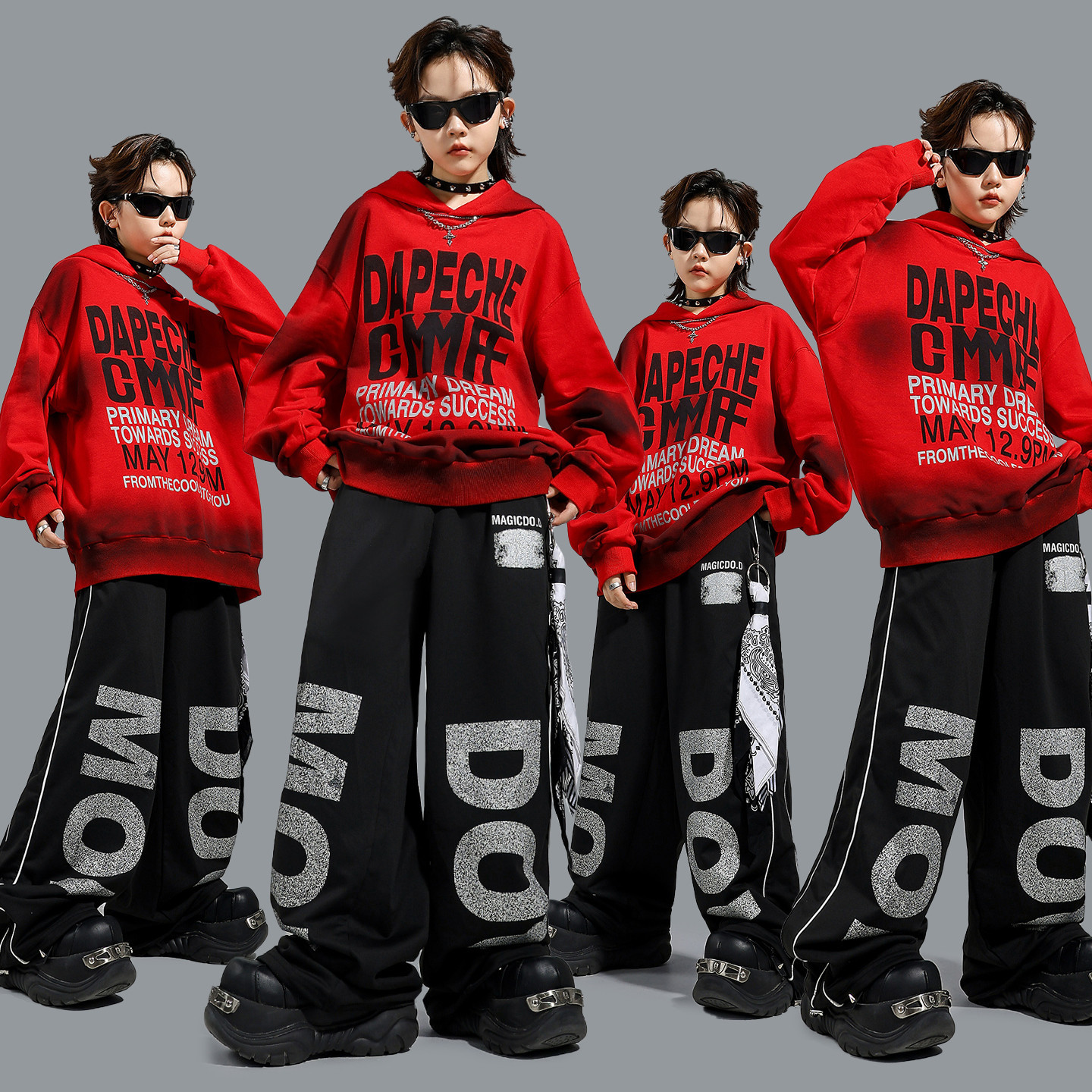 儿童街舞潮牌红色连帽卫衣套装酷