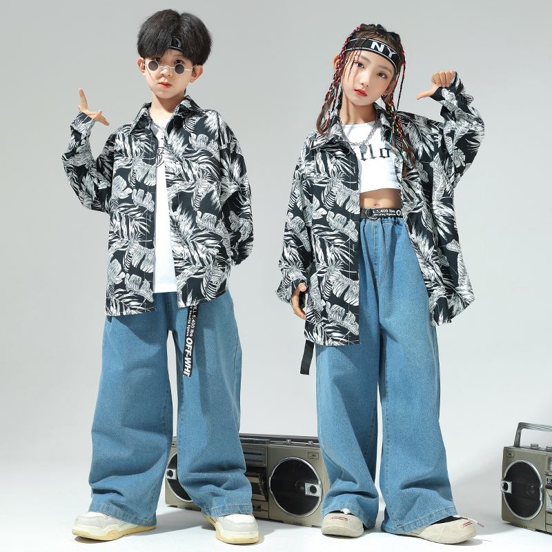 少儿嘻哈街舞演出服套装男女童hiphop复古港风花衬衫长袖黑色树叶