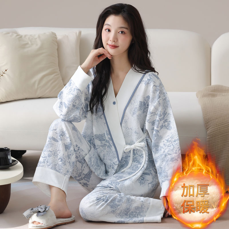 浪莎夹层夹棉睡衣女秋冬厚款套装