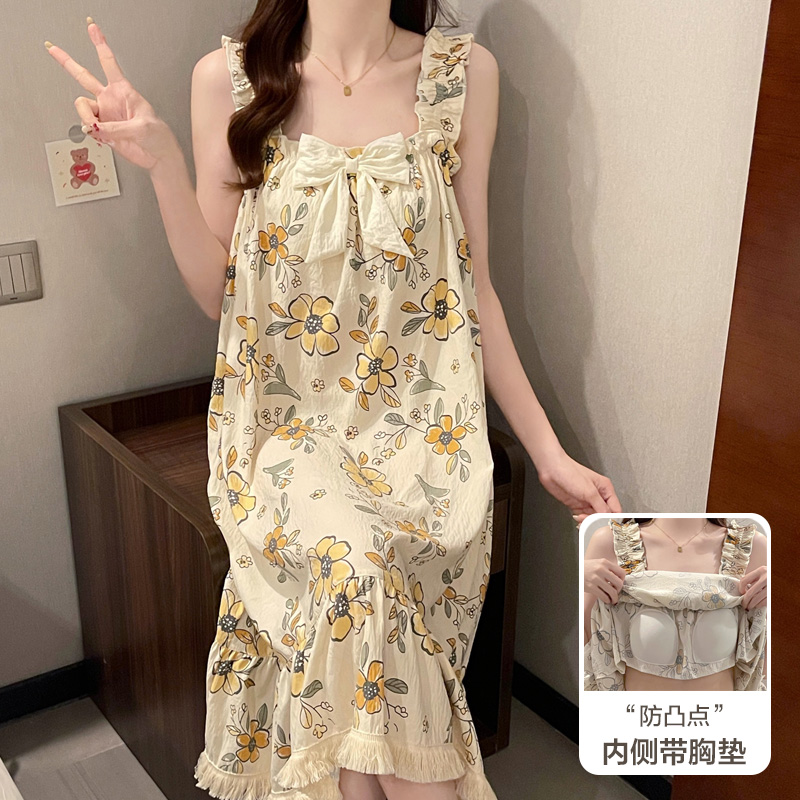 浪莎纯棉带胸垫睡裙女夏季吊带背心可外穿休闲薄款甜美韩范家居服