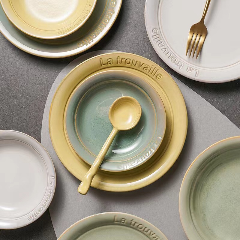 釉下彩餐具高颜值碗碟套装家用2024新款奶油色鱼盘碗盘套装碗碟餐
