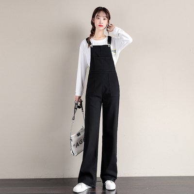 牛仔减龄微喇收腰超长垂感背带裤