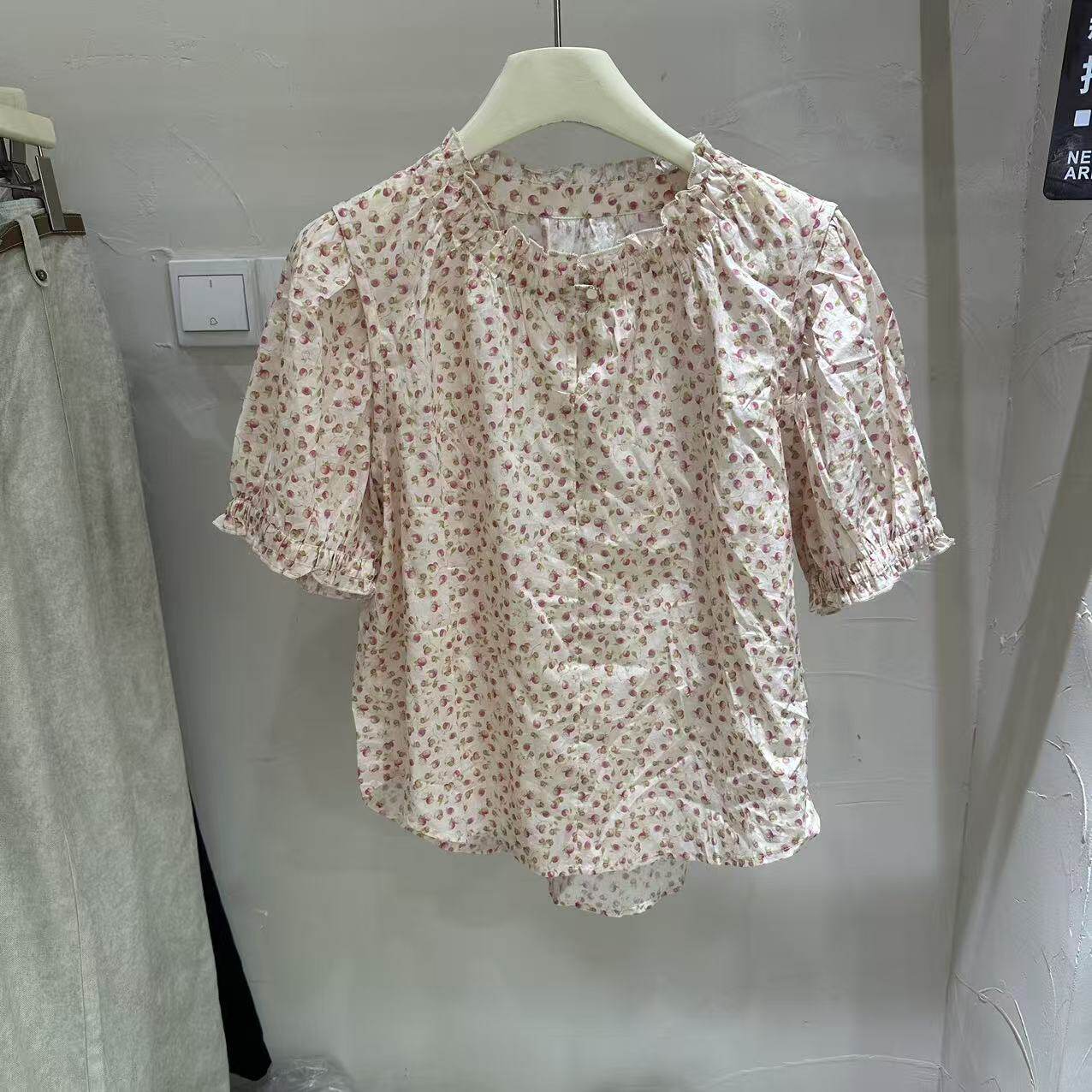 专柜正品花朵印花全棉泡泡袖衬衫女茶歇桔梗木耳花边小立领上衣