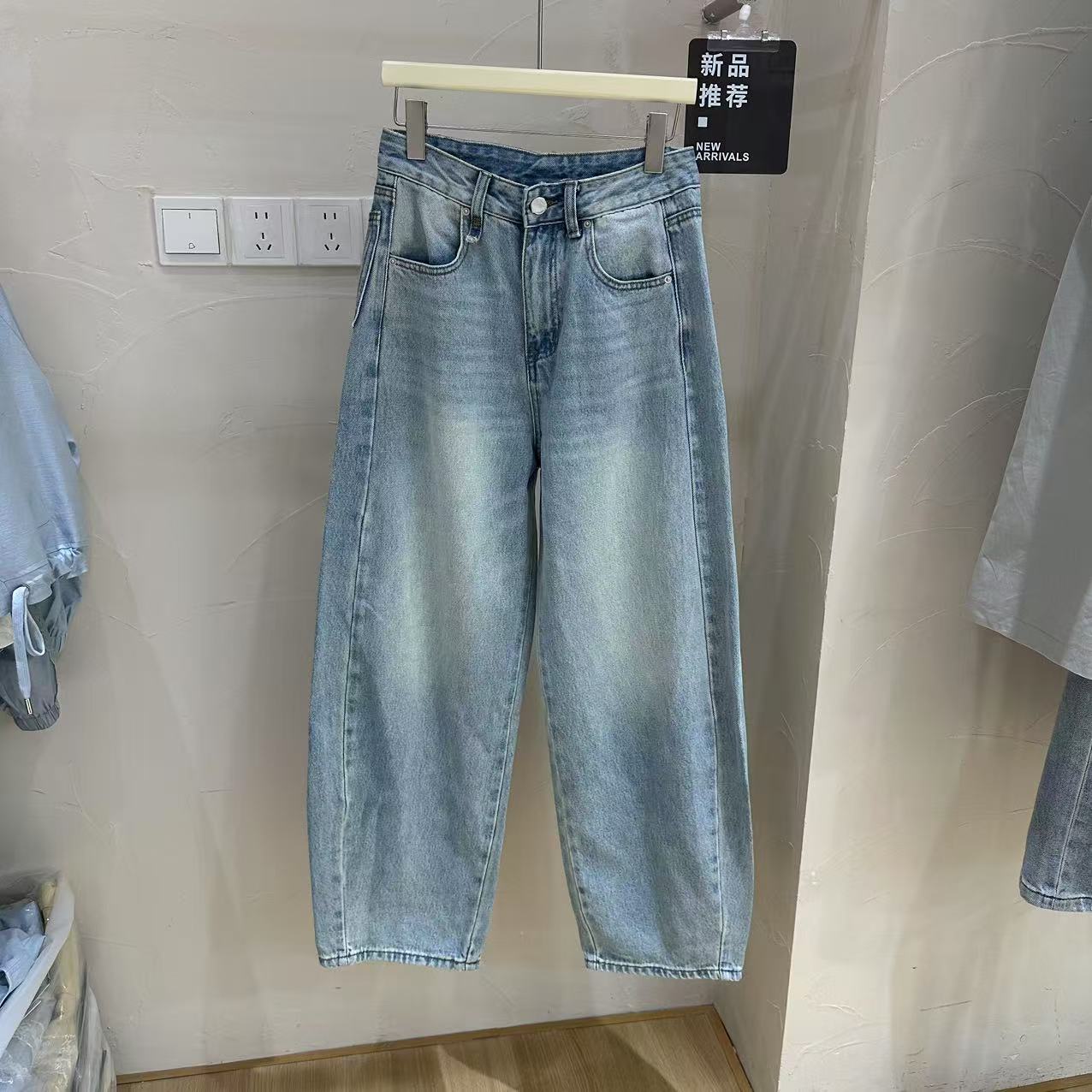 SAIER STUDIO欧货复古水洗牛仔弯刀裤韩版高腰显瘦休闲百搭老爹裤