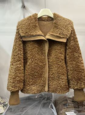 5715欧货羊羔毛大翻领针织袖毛毛衣女韩版时尚减龄百搭保暖外套
