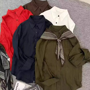 通勤简约百搭上衣2025新款 韩国100亚麻小翻领衬衫 配丝巾女韩版