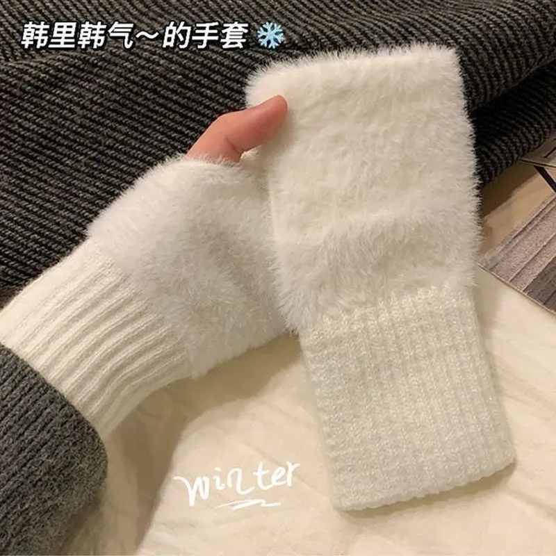 秋冬季半指手套毛绒加厚纯色日系甜美百搭保暖防风露指可触屏护腕