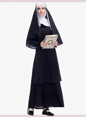 万圣节服装亚马逊成人Nun女款黑色长袍服欧美外贸出口角色扮演服